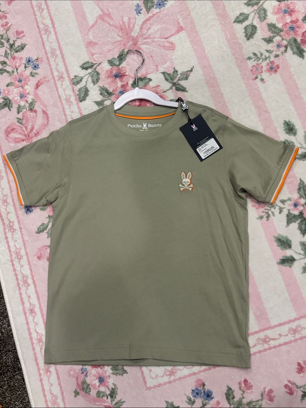 Boys Psycho Bunny Kids Olive Green Tee with Orange Accents